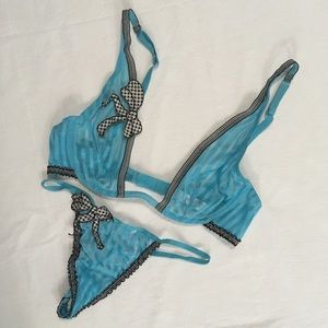 Vintage VS Blue Striped Sheer Plunge Bra and Thong
